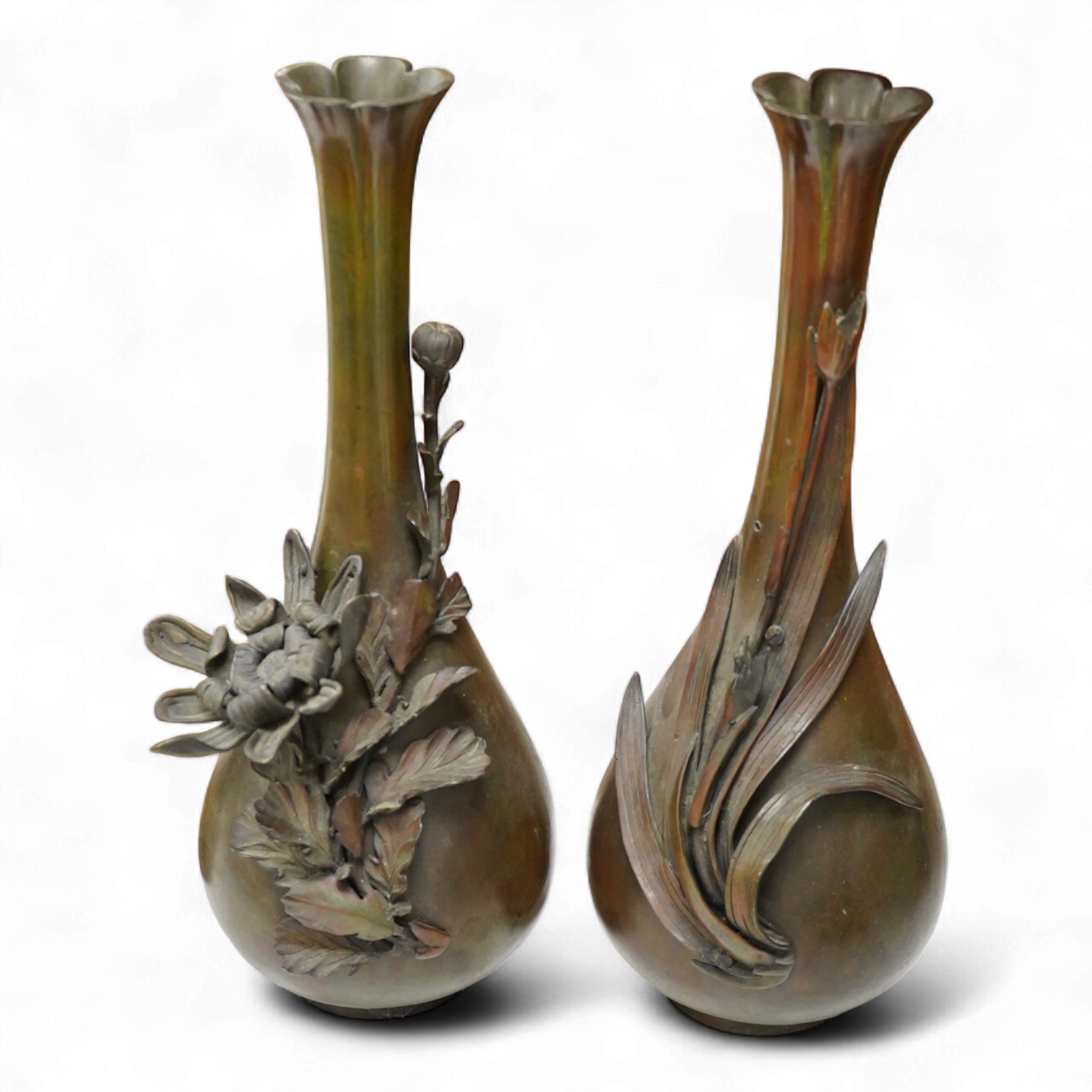 A pair of Japanese Meiji bronze floral vases, 36.5cm high